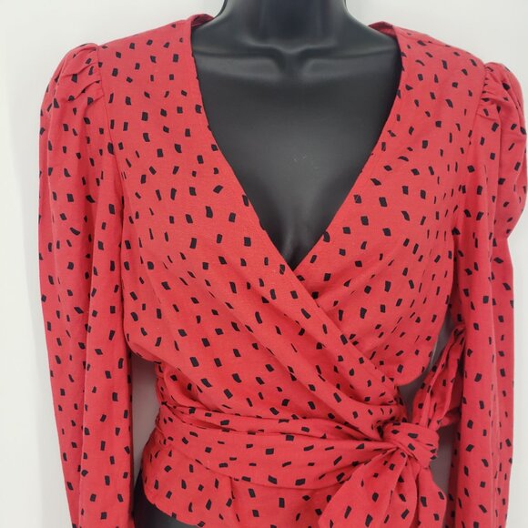 Billabong Sincerely Jules Wrapped in Love Wrap Top M Long Puff Sleeves Red - Picture 7 of 14